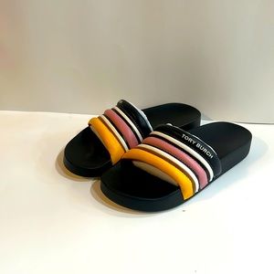 Tory Burch Nappa Leather Logo Striped slides